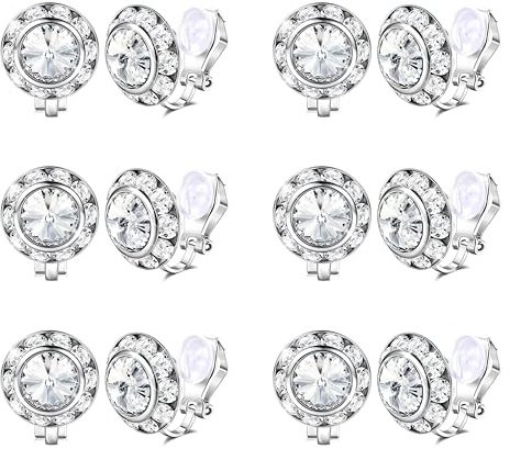FIBO STEEL 6 Pairs Clip on Halo Earrings Rhinestone Crystal Earrings for Women Round Acrylic Stone Inside Dance Competitions Stage Opera Performance Wedding Party Jewelry White CZ