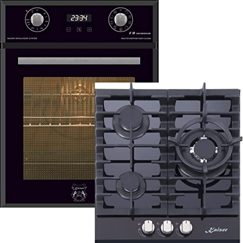 Kaiser Cocina de gas EH4747 + KCG 4384, horno empotrado 45 cm, independiente, 50 L, 9 funciones, Easy clean-Emesh + cocina de gas 45 cm, cristal negro, cocina empotrable, 3,8 kW WOK