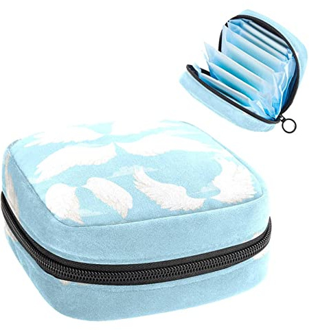 Periodenbeutel, tragbare Tampon-Aufbewahrungstasche für Damenbinden, Flügel Engel Blau Himmel Wolke, Mehrfarbig, 4.7x6.6x6.6 in/12x17x17 cm