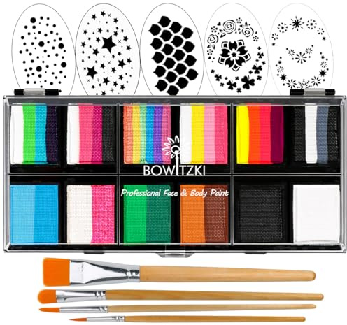 Bowitzki 12x10 gm Face Paint Professional Face Painting Kit For Adults with Stencil One Stroke Split Cake Non Toxic Rainbow Flora Dolphin Unicorn Flame Body Paint Makeup - Carnival Set