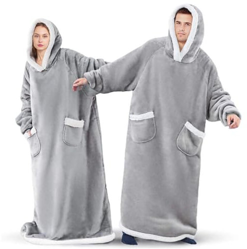 DOUUCO Oversized Wearable Blanket Hoodie, Unisex, Grey, Extra Long, Sherpa Fleece, Cotton Lined, Long Sleeve, Casual, Winter, New Year Gift