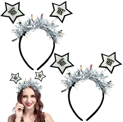2 stycken Happy New Year hårband, nyårsafton party hårtillbehör tillbehör, silver strass glittrande diadem, pannband jul pannband för vuxna och barn