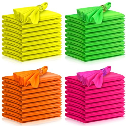 VitalCozy 60 Stück Neon-Party-Satin-Servietten, Großpackung, 43,2 x 43,2 cm, quadratisch, Seidenflecken, weicher Stoff, glatt, wiederverwendbar, Stoffservietten für Neon-Partys, Hochzeitszubehör