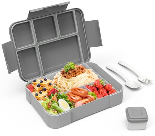 HOBUE Brotdose Kinder Mit Fächern – 1330ml Lunchbox Auslaufsichere Bento Box,Vesperbox mit 6 Fächern,Frühstücksbox für Kindergarten, Jausenbox für Schule,Brotzeitbox für Erwachsene（Grau）