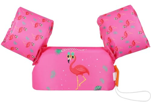MoKo Kinder Schwimmflügel, Cartoon Schwimmende Badeanzug Schwimmtraining Jacke Schwimmflügel mit Schnalle für Jungen Mädchen, 20 bis 50 lb - Magenta & Flamingo