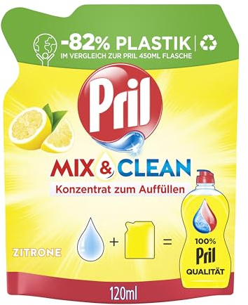 PRIL Mix & Clean Zitrus Konzentrat zum Auffüllen (120 ml), Handgeschirrspülmittel mit höchster Fettlösekraft, für sauberes Geschirr auch in kaltem Wasser, 82% weniger Plastik