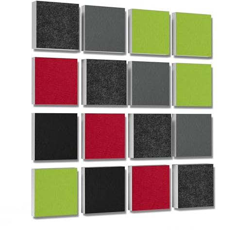 platino24 Akustikpaneele 16 Elemente 3D-Set Colore Quadrat 27,5 x 27,5 cm Multicolore I Schallabsorber aus Basotect G+ mit Akustikfilz I Schalldämmung Wand & Decke I Akustikelemente Wandpaneel