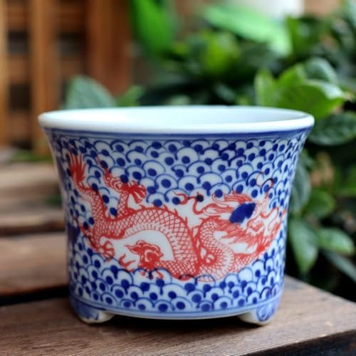 LWLYLCHBM Jingdezhen Chinoiserie - Maceta de porcelana pintada a mano en azul y blanco, flor de ciruelo, espárragos, suculentas, bonsái para interiores, decoración de plantas en maceta-B