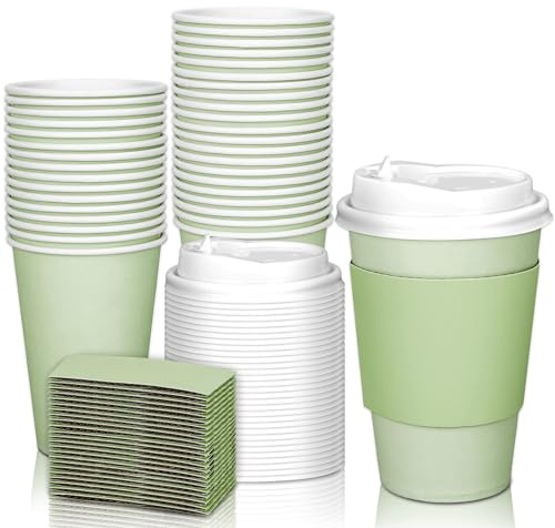 JarThenaAMCS 50 tazas de café desechables de color verde salvia con tapas y mangas, vasos de papel aislados de 12 onzas para el hogar, restaurante, viajes, suministros de fiesta de negocios