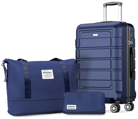 SHOWKOO Valise Rigide Cabine 55cm Légère PC+ABS Durable Petite Valise Soute 23kg Trolley Voyage avec Trousse de Toilette et Sacs de Voyage, Bleu