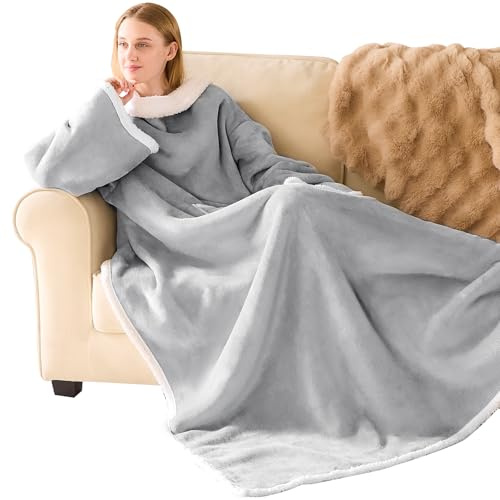 IFNOW Manta de sherpa con mangas para mujeres, hombres y adultos, acogedora manta con brazo y bolsillo, cálida manta de cuerpo completo para TV, manta suave como regalo para mamá y esposa, color gris
