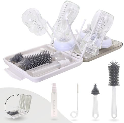 BELLEBEBE Set Scola Biberon con Spazzola - 6 in 1 Kit Scolabottiglie e Scovolino Biberon - Portatile e Pieghevole - Senza BPA