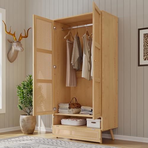 Soweiz Armario con barra, armario de 2 puertas, dormitorio, red de ratán, sala de estar, con tapa inferior abatible, tableros de partículas+ratán de polietileno, natural