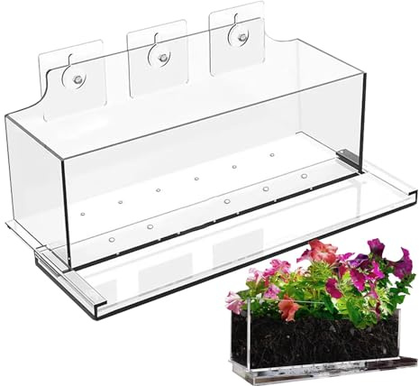 Fönsterlådor - genomskinliga blomkrukor i akryl, planteringslådor med brickor | Utan installation planteringskrukor utan borrning, modern trädgårdskruka med dräneringshål, akrylplantor