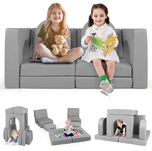 COSTWAY Sillón Infantil Convertible, Sofá Modular para Niños de 8 Piezas, Sofá Infantil con Tejido Suede Cómodo, Fundas Antienvejecimiento y Lavables a Máquina, Tumbona Plegable para Niños (Gris)