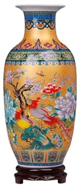 HGTYDV2 Vaso da Terra in Ceramica Jingdezhen Vaso da Fiori Decorativo in Stile Cinese Alto 38 cm con Base in Legno Vaso Classico in Porcellana Cinese retrò per la Decorazione del Soggiorno