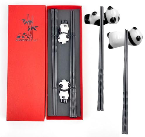 AIYONG Palillos Chinos Reutilizables, Set de 2 Pares con Soporte de Cerámica en Forma de Panda, Antideslizante, Juego de Regalo para Sushi, Noodles