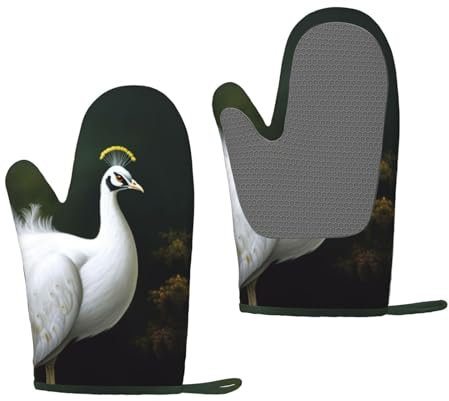 Lot de 2 gants de cuisine en silicone résistants à la chaleur avec doublure douce antidérapante et imperméable Motif paon Blanc