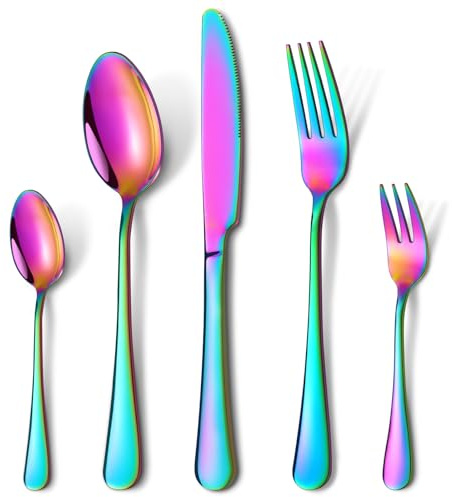 HONKKU Besteck Set 12 Personen, 60 Teilig Besteckset mit Messer Gabel Löffel, Regenbogen Essbesteck Set Edelstahl Spiegelpoliert, Spülmaschinenfest