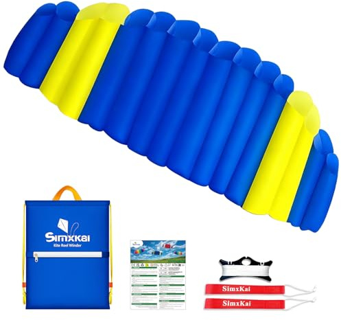 Simxkai Cometa de Dos líneas 2,5 m en Azul y Amarillo – Fácil de Volar para Principiantes y usuarios avanzados, Incluye Bolsa, 2 Correas, Carrete y 2 x 25 m de Cuerda