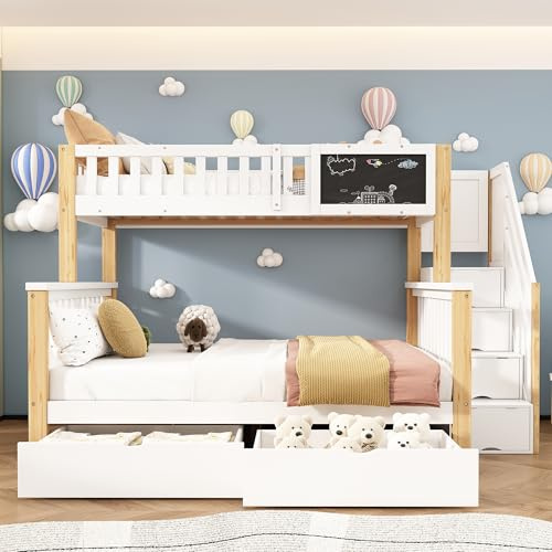 Moimhear Litera para niños, cama doble, cama infantil multifuncional, con plato y cajones, sin colchón, 90 x 200 + 140 x 200 cm (blanco + roble claro)