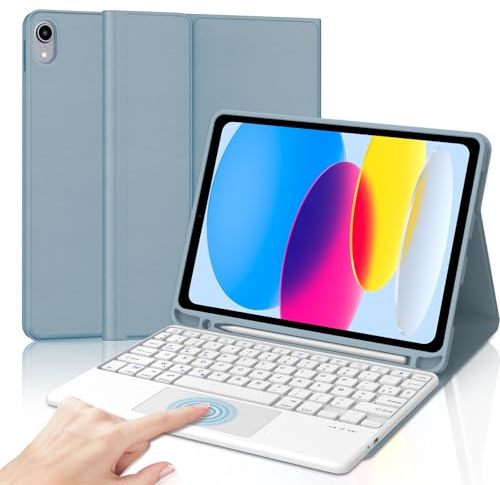 IVEOPPE Clavier iPad 10/11ème Generation (10.9 Pouces 2022/11 Pouces A16 2025) avec Trackpad, Coque Clavier Touchpad AZERTY sans Fil Bluetooth pour iPad 10eme/11eme, Bleu-Gris