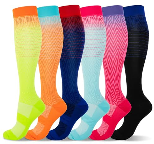 LEOSTEP 6 pares de calcetines de compresión para hombres y mujeres, soporte diario para viajes, trabajo y estilo de vida activo, calcetines respirables cómodos(Multicolor,L-XL)