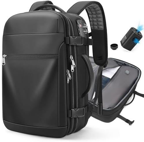 ibeacos Vakuum Rucksack 60L Erweiterbar, Handgepäck Reise Rucksack mit Laptopfach 17,3 Zoll, Wasserabweisend, TSA Zahlenschloss, Großer Herren Damen Rucksack mit Vakuumpumpe, Klassisches Schwarz