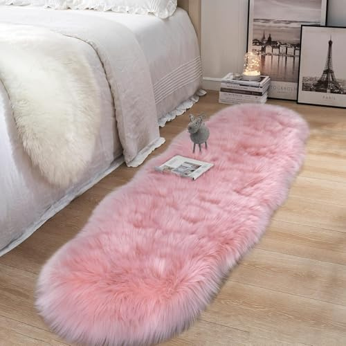 JXLOULAN Faux Schaffell Teppich Rosa 60x160 cm, Weicher Flauschiger Longhair Fell Lammfellimitat Teppich für Wohnzimmer Deko Stühle Sofa Schlafzimmer