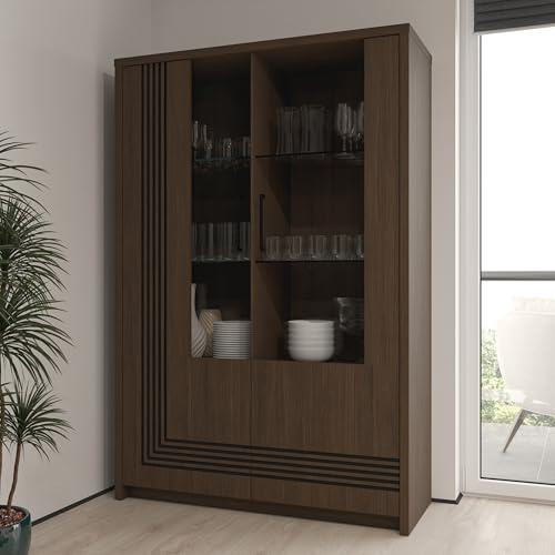 Forte EUFEMIUS Vitrine 120, moderner Vitrinenschrank mit dekorativer Fräsung, 2 Türen, Dunkelbraun|Schwarz Eiche Holzdekor, 116,5 cm breit x 172,7 cm hoch x 41,6 cm tief