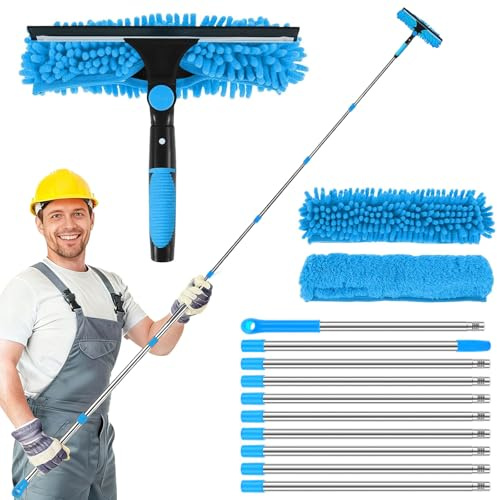 4,5M Fensterwischer mit Teleskopstange, 2-in-1 Fensterreiniger Set mit 10 Verlängerungsstangen, 2 Mikrofasertücher und Gummiabzieher, Teleskop Fensterwischer für Bad, Dusche, Glas, Spiegel, Auto