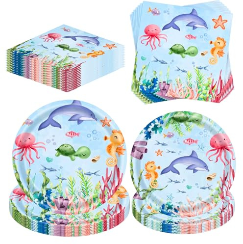 52 Stück Party Geschirr Set, Kindergeburtstag Geschirr Set, Unterwasser Partyteller Meerestiermotiv Servietten Becher Geburtstagsdekoration Partygeschenke Meerjungfrau Party Supplies