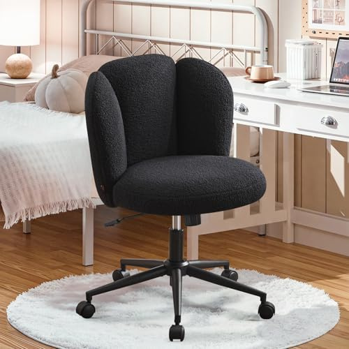 Ckaff Fauteuil de Bureau, Chaise de Coiffeuse, Chaise Bureau Réglable en Hauteur avec Dossier Inclinable Pivotante à 360°, Fauteuil Coquillage Design Fleur en Bouclé pour Salon Chambre, Noir