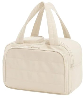 Reise Make-up Tasche für Damen, 4-in-1-Kulturtasche mit Griff, tragbarer Kosmetik-Organizer für unterwegs, Accessoires, Essentials und Toilettenartikel (Beige)