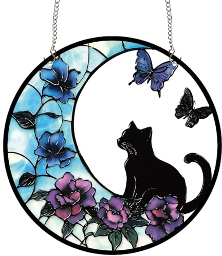 CREATCABIN Atrapasueños de Gato para Ventana Vidrio Acrílico Teñido Decoración Colgante Panel Redondo de 9.8 pulgada con Ganchos de Cadena de Metal Atrapasol de Flores Y Mariposas Arte Pared 25 x 25cm