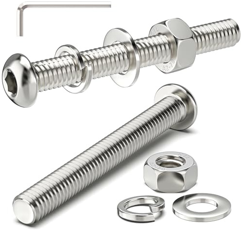 Valorada 10Sets M6 Bolts and Nuts Set, M6 x 50mm Button Head Socket Bolts Screws and Nuts, Flat & Lock Washers, 304 Stainless Steel, Fully Threaded with Allen Key