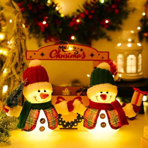 Weihnachtsdeko Schneemann Figuren mit LED Licht, 2er Weihnachten Schneemann Figuren Weihnachten Tischdeko Batteriebetrieben Weihnachts Deko Weihnachtsfiguren für Weihnachtsdeko Innen Kamin Zimmer