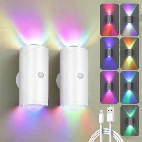 LED-Nachtlicht Kabellose LED Wandleuchte mit Bewegungssensor, Weiß 2X | Intelligentes Wiederaufladbare Magnetische Wandlampe Innen, RGB Farbverlauf für Wohnzimmer Schlafzimmer Flur
