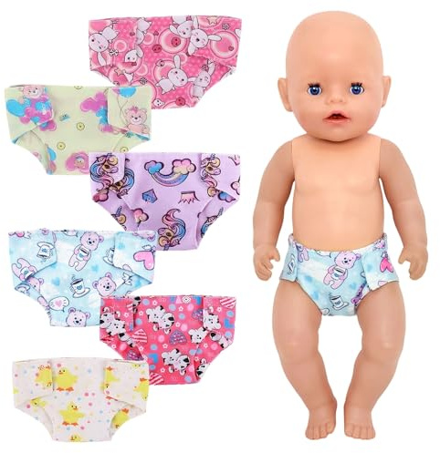 6 Stück Baby Puppenwindeln Set, Süßes Puppen Windeln für 30-43 cm Puppens, 6 Verschiedene Muster und Stile, Wiederverwendbar Puppenzubehör, Geschenkidee für Mädchen und Jungen zum Geburtstag