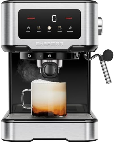 Chefman Macchina Espresso CraftBrew, Pompa 15 Bar, Touchscreen Digitale, Lancia Vapore per Latte & cappuccino, Macchina Espresso Compatta con Serbatoio Acqua 1.5L Rimovibile – Acciaio Inox