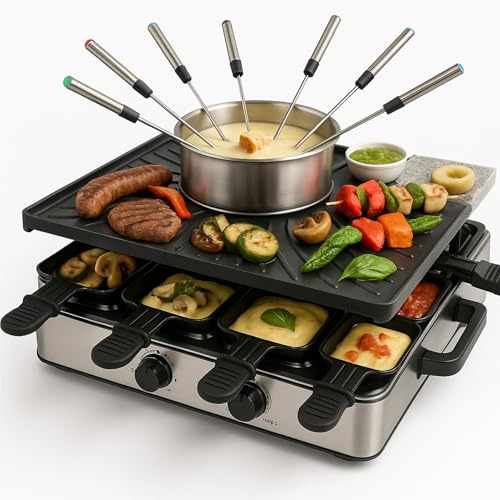 Raclette - Set fonduta per 8 persone, con padella, raschietto – antiruggine e regolabile (set fondue)