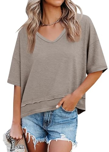 Cicy Bell Oversize t-shirt damer v-ringade toppar kortärmad lös passform toppar blus basic tetröjor.