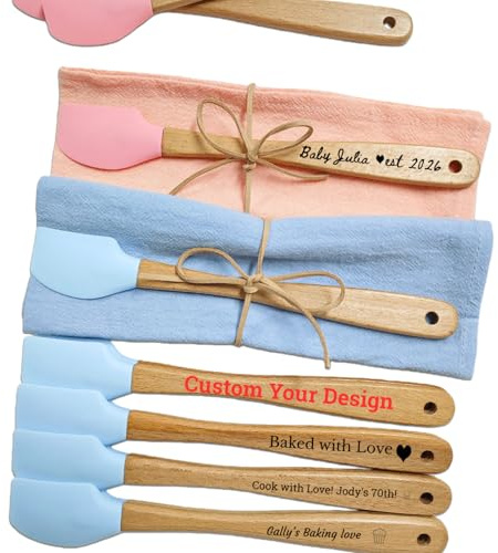 Personalised Custom Engraved Text & Pattern Mini Spatula, 10-100Pcs Non-Stick Heat-Resistant Silicone with Wooden Handle Kitchen Tool, Favours for Wedding Birthday Housewarming Kitchen Lovers Party