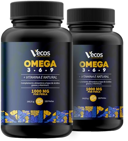 Omega 3-6-9 1000mg - 120 Cápsulas de Aceite de Pescado, Lino y Onagra - Con Vitamina E - Ácidos Grasos Esenciales para Salud Cardiovascular (240 Cápsulas (2 Botes), 1)