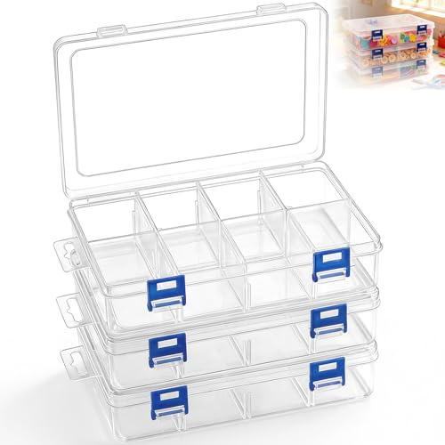 3 Piezas Cajas Almacenamiento con 8 Compartimentos, Caja Organizador Almacenaje Joyas, Contenedor Clasificadora Ajustable, Organizadora Plástico para Tornillos, Pendientes, Cuentas (Transparente)