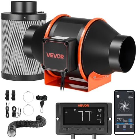 VEVOR Ventilador de Conducto en Línea 3000 RPM, Extractor con Kit de Ventilación, 10 Velocidades, Motor EC, 349 m³/h, Sensor de Temperatura y Humedad, Controlador PWM y App para Armarios de Cultivo