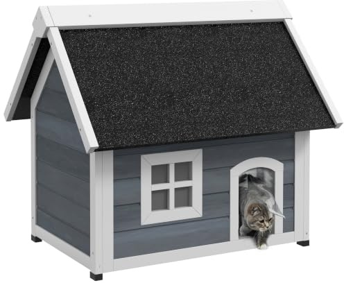 PawHut Maison pour Chat en Bois Porte à Lamelles 77 x 57,5 x 68 cm Gris | Niche pour Chat, Toit Ouvrable Bitumé, 3 Portes, Fenêtre en Plexiglas, Pieds en Plastique, Extérieur