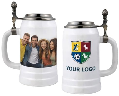 Bierkrug mit Deckel 0,5L – personalisierbar mit Ihrem Foto oder Logo – individuell gestaltbar – Geschenk Hochzeit Geburtstag Vatertag – Werbegeschenk Firmen und Vereine (Weiß, Flachdeckel)