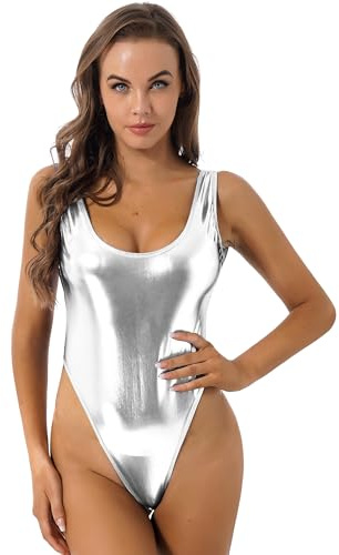 YiZYiF Glänsande baddräkt för kvinnor metallisk bikini stringtrosa leotard High Cut Ouvert lack läder body overall trikini beachwear, Silver utan rygg, one size