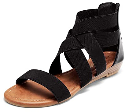 DREAM PAIRS Women's Elastic Ankle Strap Sandals Gladiator Strappy Low Wedges Sandals,Size 8.5,Black,ELASTICA8